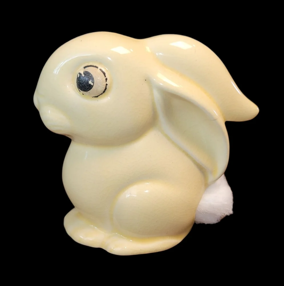 Charming Yellow Ceramic Bunny Figurine Cotton Ball Dispenser